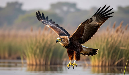 A magnificent eagle soars gracefully above calm waters during sunset, its powerful wings spread...