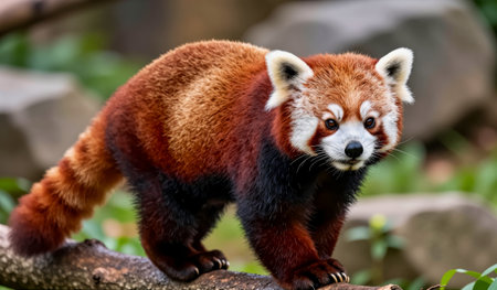 A red panda quietly roams among the lush greenery and rocks. Its vibrant fur shines under the warm...