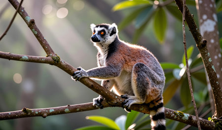 A vibrant lemur sits gracefully on a branch, surrounded by rich green foliage. Sunbeams filter through the trees, creating a magical atmosphere in this serene forest scene.の写真素材
