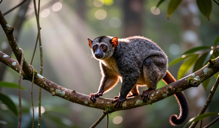 In the heart of a vibrant rainforest, a playful monkey balances on a branch, surrounded by rich...