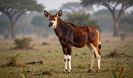 In the tranquil savanna at dusk, a solitary eland stands elegantly among the tall grasses. Its graceful stance captures the serene beauty of the environment, framed by distant trees.の写真素材