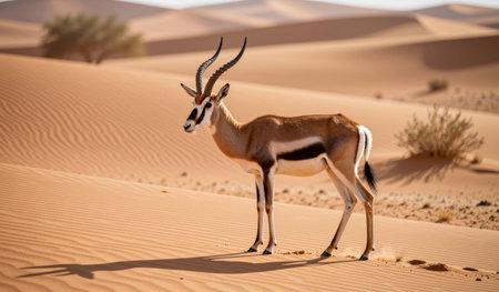 A springbok gracefully poses in the warm desert landscape. The golden grains of sand rise in waves around this elegant antelope, embodying the tranquility of nature's wild beauty.の写真素材