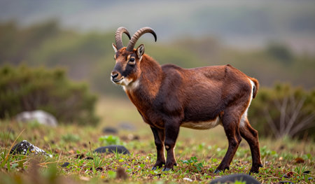 A beautiful goat with prominent horns is seen on a vibrant green hillside. The animal is enjoying...