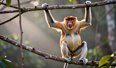 A proboscis monkey, with its distinctive nose and vibrant fur, hangs from tree branches in the early...
