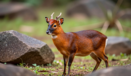 A small deer with budding antlers explores its surroundings in a vibrant forest. Sunlight filters through the trees, highlighting the delicate beauty of nature in this tranquil scene.の写真素材
