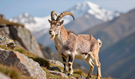 A strong ibex stands proudly on rocky ground, showcasing its impressive horns against a backdrop of...