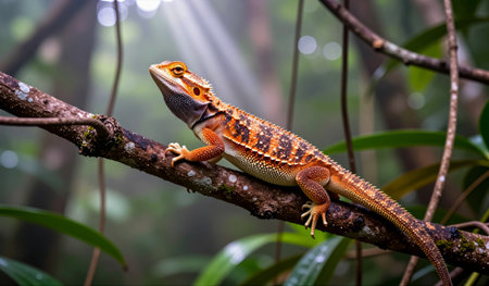 A vibrant lizard sits upon a thick branch, surrounded by lush greenery in a tropical rainforest. Sunlight streams through the canopy, highlighting its colorful scales in the morning.の写真素材