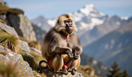 A baboon sits calmly on a rocky surface, showcasing its striking fur and thoughtful gaze. The backdrop features majestic mountains and a clear blue sky, creating a peaceful nature scene.の写真素材
