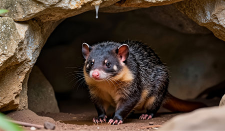 A fluffy marsupial peeks out from its rocky den, surrounded by earthy tones. The soft light of dusk highlights its curious expression, unveiling the beauty of nature's hidden wonders.の写真素材