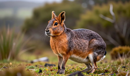 A charming hare sits calmly on vibrant green grass, surrounded by soft vegetation in a peaceful landscape at dusk. The warm light highlights its gentle features, creating a serene atmosphere.の写真素材