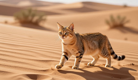 A sleek wild cat strides gracefully across the soft, golden sands of a vast desert. Sunlight glistens on its fur as it curiously surveys the serene landscape.の写真素材