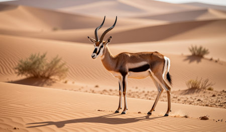 A beautiful springbok gazes across the vast golden dunes of the desert, its unique markings contrasting with the sandy landscape. The warm sunlight casts a gentle shadow, enhancing its elegance.の写真素材