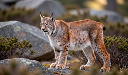 A beautiful lynx stands alert on mossy rocks, surrounded by lush greenery and stones. The soft...