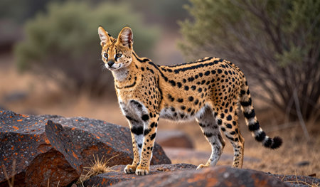 A magnificent serval stands poised on rugged rocks, surrounded by golden grasses and sparse bushes....