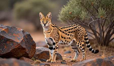 A stunning serval moves gracefully among colorful rocks in a peaceful environment, showcasing its...
