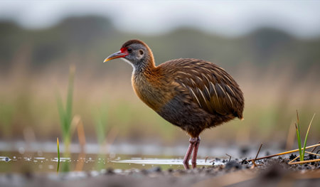 A beautiful bird stands near calm water, surrounded by lush greenery. Its vibrant feathers catch the early light as it searches for food among the reeds, creating a serene moment.の写真素材