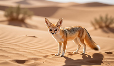 Beneath the warm desert sun, a fennec fox stands gracefully on the soft, golden dunes. Its large...