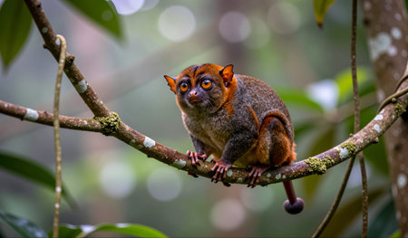 A small monkey with bright eyes sits on a mossy branch surrounded by lush green leaves. Sunlight...