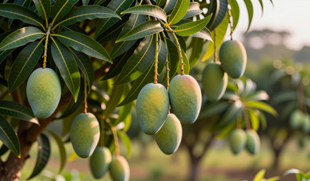 Bright green mangoes dangle from vibrant branches in a lush orchard, basking in warm sunlight. This...