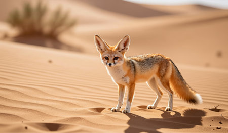 A curious fox stands amidst sweeping dunes, its fur glowing in the sunlight. The quiet beauty of the...