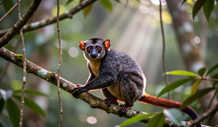 A curious monkey sits on a sturdy branch surrounded by vibrant greenery. Sunlight streams through...