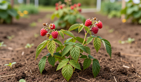 Vibrant raspberry plants showcase clusters of ripe red fruit among rich brown soil. Sunlight filters...