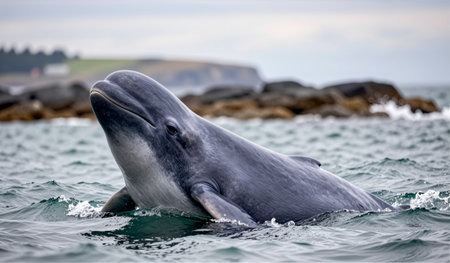 A graceful dolphin emerges joyfully from the ocean, droplets sparkling in the air as it interacts...