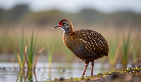 A graceful bird with a striking red forehead wades near a serene water body, surrounded by vibrant green reeds. The tranquil scene captures the beauty of nature at dawn.の写真素材