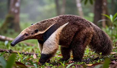A curious ant eater wanders through a verdant forest, surrounded by vibrant greenery and soft morning light. The lush environment teems with life, creating a serene atmosphere.の写真素材