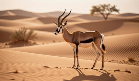 A majestic springbok roams the vast golden dunes of the desert. Its striking features contrast beautifully with the warm landscape, showcasing the harmony of wildlife and nature.の写真素材