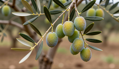 Olives dangle gracefully from their branch, bathed in the warm glow of the sun. The vibrant greens of the fruit contrast with rich leaves, showcasing nature's beauty in an olive grove.の写真素材