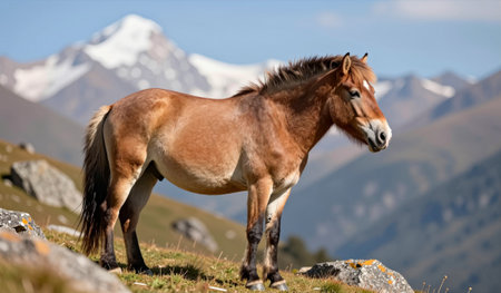 A strong, brown horse poses on a rocky hillside, surrounded by majestic mountains. The bright sky and sunshine create a beautiful backdrop, highlighting the animal's elegance and strength in nature.の写真素材