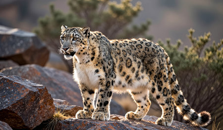 A snow leopard stands proudly on rugged stones, its striking coat gleaming in the warm light of sunset. Surrounded by a serene mountain backdrop, it embodies grace and strength in the wild.の写真素材