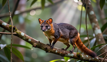 A fascinating creature stands poised on a branch, blending with the lush greenery of the forest....