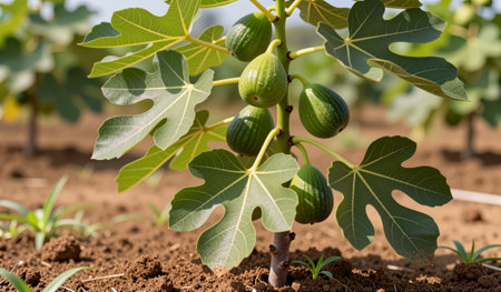 Lush green leaves surround the young fig tree, showcasing ripe figs hanging from branches in bright sunlight. The rich earth below hints at a thriving harvest approaching soon.の写真素材