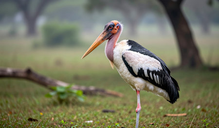 A majestic stork, with vibrant feathers and long legs, stands elegantly in a dew-kissed meadow at dawn. The soft mist adds a magical touch to the early morning scene.の写真素材