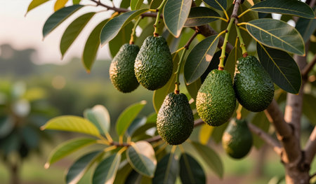 Ripening avocados dangle from a sturdy branch in an orchard during late afternoon. The warm sunlight enhances the vibrant green colors of the leaves and fruit, creating a serene atmosphere.の写真素材