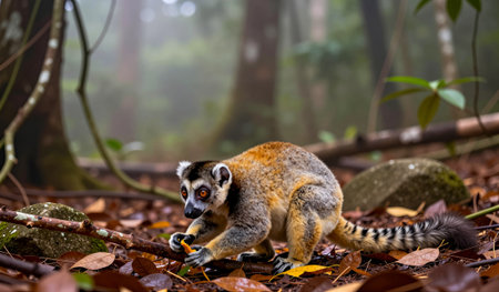 An animal ventures through damp leaves and fallen branches in a misty rainforest. The serene atmosphere contrasts with its playful demeanor as it searches for food.の写真素材