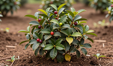 In a vibrant coffee plantation, a healthy coffee plant stands out, adorned with shiny ripe cherries.