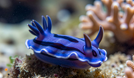 A stunning sea slug floats effortlessly above the colorful coral reef, showcasing its vivid purple and blue hues. Surrounding marine life adds to the beauty of this underwater paradise.の写真素材