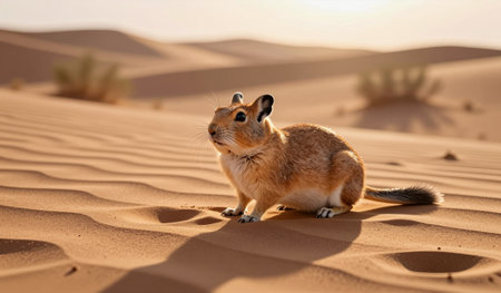 In a vast desert landscape, a small, curious rodent pauses amidst rippling golden sand, illuminated by the warm glow of the setting sun. The tranquility of the scene captures a sense of adventure.の写真素材