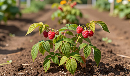 In a vibrant garden, red raspberries hang from lush green leaves under the bright sun. Soil is rich...