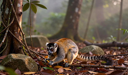 A lemur with striking eyes investigates the forest floor in a misty morning. Leaves and stones...