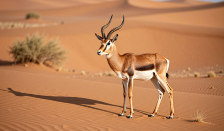 A springbok stands tall and proud in the vast golden sands of a desert at dusk. The warm light highlights its elegant stance, surrounded by soft dunes and sparse vegetation.の写真素材