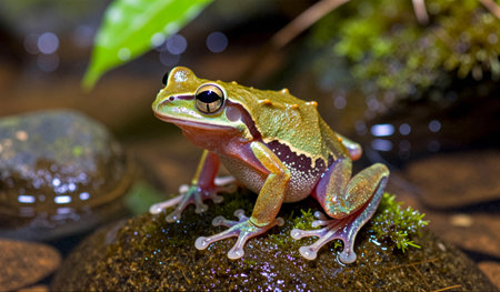 A vibrant frog sits on a smooth rock surrounded by lush moss, reflecting the warm colors of a...