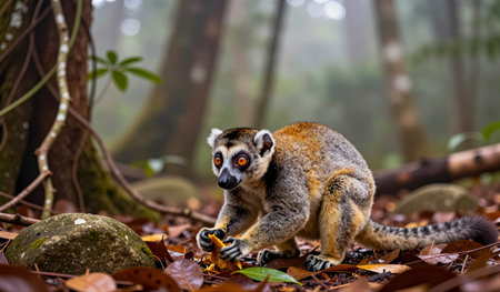 A curious lemur explores the damp forest floor, searching for food among vibrant leaves. Its large...