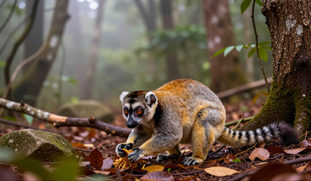 In a misty jungle, a playful lemur investigates fallen leaves and branches, searching for food. This...