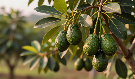Avocado tree stands proudly in the orchard, showcasing clusters of green fruit. Sunlight filters...