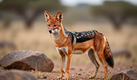A graceful black-backed jackal poses among rocks in the vast African savanna, its coat glistening in the fading sunlight. Tall grasses sway gently around as twilight approaches.の写真素材