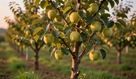Rows of lush pear trees stand tall in a tranquil orchard as the golden light of sunset illuminates...